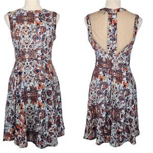 ASTR Blue Orange Floral Sheer Back High Neck Fit & Flare Mini Cocktail Dress S